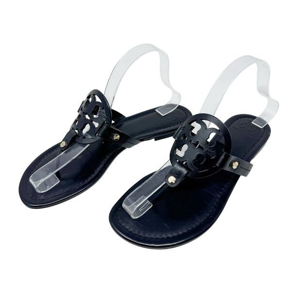 TORY BURCH Perfect Black Matte Leather Miller Logo Sandals Size 8.5 - Picture 3 of 8